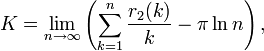K=\lim_{n \to \infty}\left(\sum_{k=1}^{n}{r_2(k)\over k} - \pi\ln n\right),
