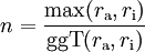 n = \frac{\operatorname{max}(r_\mathrm{a},r_\mathrm{i})}{\operatorname{ggT}(r_\mathrm{a},r_\mathrm{i})}