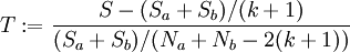 T:=\frac{S-(S_a+S_b)/(k+1)}{(S_a+S_b)/(N_a+N_b-2(k+1))}