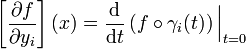 \left[\frac{\partial f}{\partial y_i}\right](x)=
\frac\operatorname{d}{\operatorname{d}t}\left(f\circ \gamma_i(t)\right)\Big|_{t=0}