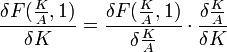\frac{\delta F(\frac{K}{A},1)}{\delta K} = \frac{\delta F(\frac{K}{A},1)}{\delta \frac{K}{A}} \cdot \frac{\delta \frac{K}{A}}{\delta K}