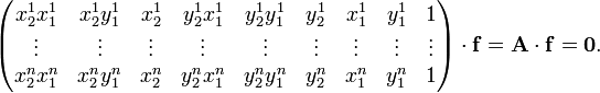  
 \begin{pmatrix} 
    x_2^1 x_1^1 &amp;amp;amp; x_2^1y_1^1 &amp;amp;amp; x_2^1 &amp;amp;amp; y_2^1x_1^1 &amp;amp;amp; y_2^1y_1^1 &amp;amp;amp; y_2^1 &amp;amp;amp; x_1^1 &amp;amp;amp; y_1^1 &amp;amp;amp; 1 \\ 
    \vdots &amp;amp;amp; \vdots &amp;amp;amp; \vdots &amp;amp;amp; \vdots &amp;amp;amp; \vdots &amp;amp;amp; \vdots &amp;amp;amp; \vdots &amp;amp;amp; \vdots &amp;amp;amp; \vdots \\
    x_2^n x_1^n &amp;amp;amp; x_2^ny_1^n &amp;amp;amp; x_2^n &amp;amp;amp; y_2^nx_1^n &amp;amp;amp; y_2^ny_1^n &amp;amp;amp; y_2^n &amp;amp;amp; x_1^n &amp;amp;amp; y_1^n &amp;amp;amp; 1 
 \end{pmatrix} \cdot \mathbf{f} = \mathbf{A} \cdot \mathbf{f} = \mathbf{0}.
