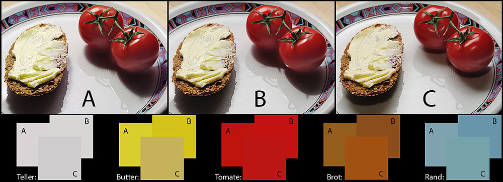 Aufnahmen mit einer Kompaktleuchtstofflampe (A), einer Hochvolt (230V, HV-)Halogenglühlampe (B) und einem Blitzlicht (C).Durch die verschiedenen Farbwiedergabeindizes entstehen Differenzen in der Farbwiedergabe.