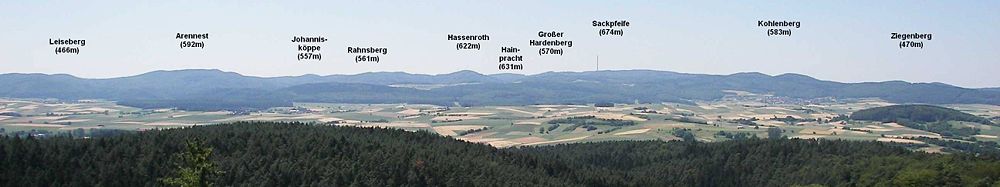 Blick vom Christenberg im Burgwald auf die Sackpfeife und ihre Vorhöhen mit Kohlenberg (583 m, halbrechts, zweigipfelig), Sackpfeife (673,5 m, rechts der Mitte, sehr breit, mit Sendemast), Hainpracht (631 m, links davon im Hintergrund), Hassenroth (622 m, Mitte, kuppig) und Arennest (592 m, zweiter halblinks)