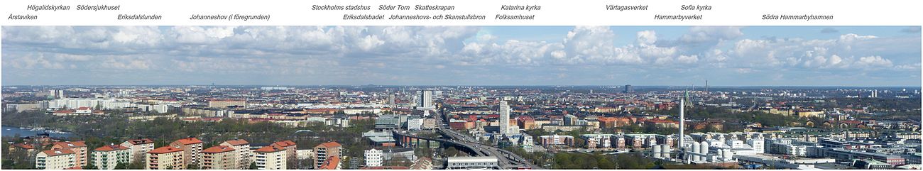 Blick nach Norden über Södermalm und Stockholm vom Dach des Ericsson Globe im Mai 2010.
