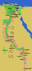 Die geografische Lage der Gaue. „Shemau“ bezeichnet Oberägypten