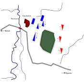 Schlachtplan der Schlacht von Civitate, blau=päpstliche Truppen, rot=Normannen