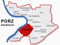 Lage des Stadtteils Zündorf im Stadtbezirk Porz