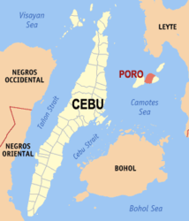 Lage der Insel Poro - markiert ist die Gemeinde Poro auf dem Westteil der Insel