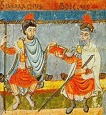 farbige Zeichnung von zwei Männern in römischer Kleidung