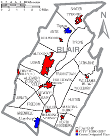 Map of Blair County Pennsylvania With Municipal and Township Labels.png