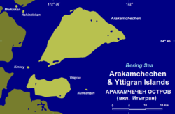 Karte von Arakamtschetschen mit der Nachbarinsel Itygran