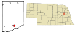 Colfax County Nebraska Incorporated and Unincorporated areas Schuyler Highlighted.svg