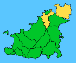 Le Clos du Valle ist der größere östliche Gebietsteil der beiden Gebietsteile von Vale (gelb)