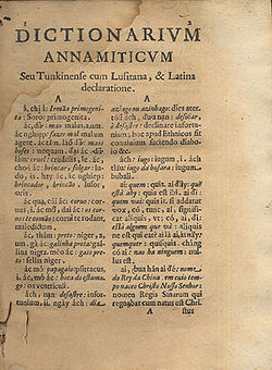 Seite des Portugiesisch - Vietnamesisch - Lateinischen Wörterbuches von Alexandre de Rhodes, 1651