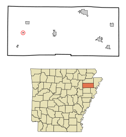 Poinsett County Arkansas Incorporated and Unincorporated areas Waldenburg Highlighted.svg