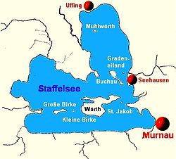 Karte des Staffelsees, mit Mühlwörth im Norden