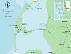 Karte der Insel Sylt, mit dem Ellenbogen im Norden