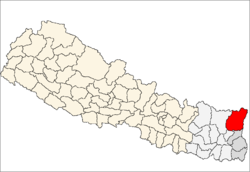 Lage des Distriktes Taplejung (rot) in Nepal, die Verwaltungszone Mechi ist dunkelgrau markiert.