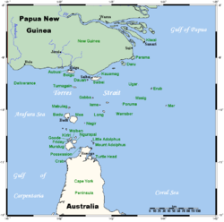Lage der Torres-Strait-Inseln:Yorke Island (Masig) Bildmitte, rechts.