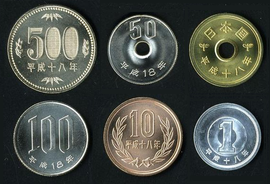 Münzen zu 1, 5, 10, 50, 100 und 500 Yen