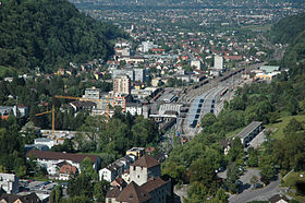 Blick auf den Bahnhof Feldkirch und das Arealder früheren Wagenwerkstätte Feldkirch