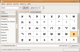 Gucharmap unter Ubuntu Linux 6.06 zeigt hebräische Buchstaben