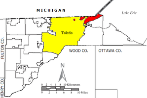 Lucas County mit Toledo (gelb) und Washington Township (rot)