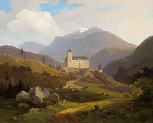 Burg Kranichberg, im Hintergrund der Schneeberg; Ölgemälde von Alexander Trichtl
