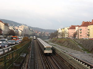 B1, Westausfahrt Wien. Links: B1 stadteinwärts, Hietzinger Kai Richtung Wien Zentrum; Mitte: U-Bahnlinie 4 und Wienfluss; rechts: B1 stadtauswärts, Hadikgasse Richtung St. Pölten