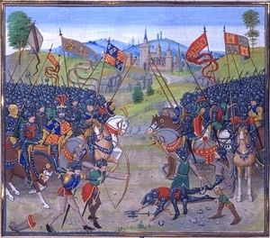 Die Schlacht von Nájera nach Froissart. Links John of Gaunt, Edward of Woodstock und Peter der Grausame, rechts Heinrich von Trastamara und die Franzosen