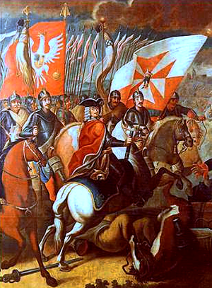 August II. vor polnischen Husaren während der Schlacht bei Kalisch