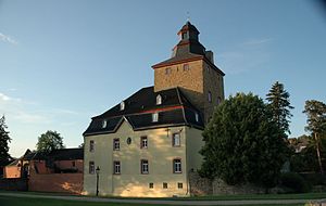 Wohnturm und Vorburg der Burg Kirspenich aus südlicher Richtung