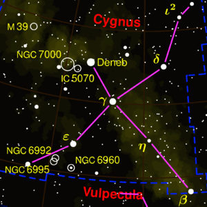 Karte des Sternbildes Schwan,Hauptstern Deneb befindet sich in oberhalb der Bildmitte