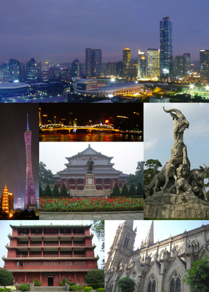 Oben: Blick über Tianhe vom Baiyun Shan; Mitte, von links: Canton Tower, Brücke über den Perlfluss, Sun Yat-Sen Gedächtnishalle, Statue der Fünf Ziegen; Unten: Zhenhai Tower, Herz-Jesu-Kathedrale.