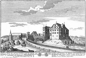 Burg Breitenlandenberg als Zürcher Gerichtsherrensitz 1742. Radierung von David Herrliberger.