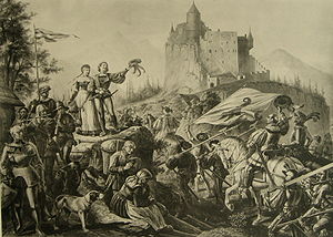 1518: Die Ramsteiner (links) verlassen die Burg, die Basler ziehen ein. Darstellung von Karl Jauslin