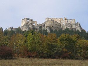 Die Burgruine aus dem Dorf Lietavská Svinná gesehen