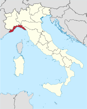 Karte Italiens, Ligurien hervorgehoben