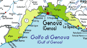 Karte mit der Riviera di Levante von Genua bis La Spezia im östlichen Teil des Golfs von Genua