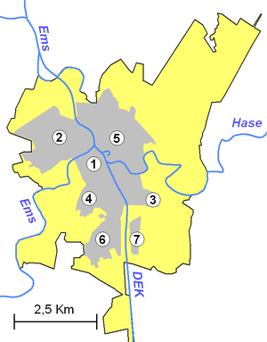 Die Stadt Meppen in den Grenzen vom 1. Juli 1967. Lage der Stadtteile innerhalb der Stadt
