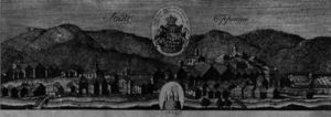 Stich von 1804 mit typisierter Ruinendarstellung über der Stadt