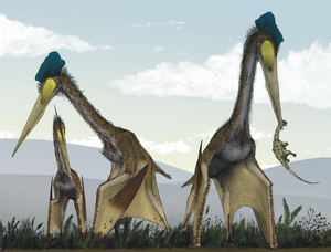 Rekonstruiertes Lebensbild dreier Quetzalcoatlus. Einer hat einen jungen Titanosauria erbeutet.