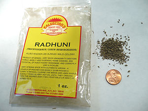 Getrocknete Radhuni-Früchte im Größenvergleich mit einem US-Cent