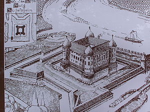 Die Burg Eichelsheim nach einem alten Stich, um 1600