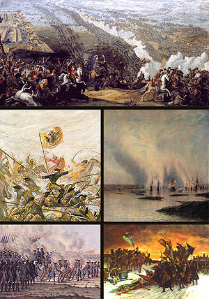Gemäldezusammenschnitt dem Uhrzeigersinn nach: Schlacht von Poltawa, Schlacht von Gangut, Schlacht bei Narva, Schlacht bei Gadebusch, Schlacht von Storkyro