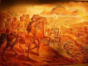 Idealisierende Darstellung der Schlacht um Zacatecas (li. vorne zu Pferd: Pancho Villa, seinen Hut in der Hand haltend)
