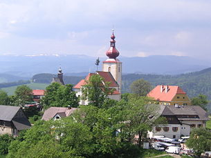 Der Hauptort von Gschnaidt, St. Pankrazen, gegen die Stubalpe im Westen