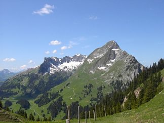 Dent de Brenleire (2'358 m ü. M., rechts vorne) und Vanil Noir (2'389 m ü. M., hinten)