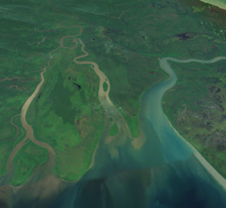 Bild der NASA Landsat vom Ästuar des Flusses (Richtung Osten)
